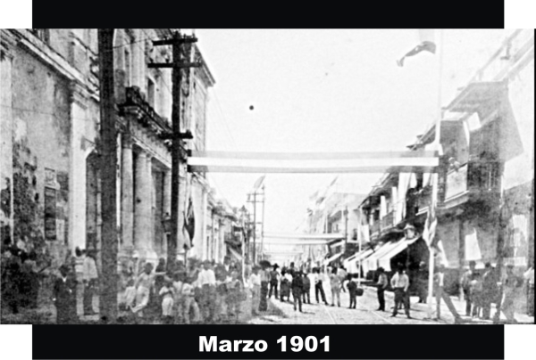 La avenida Independencia adornada durante la celebración del tercer centenario de la ciudad en marzo de 1901.