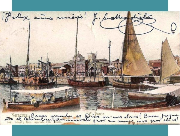 Bella postal coloreada con faluas a orilla del nuevo muelle, alrededor de 1906.
